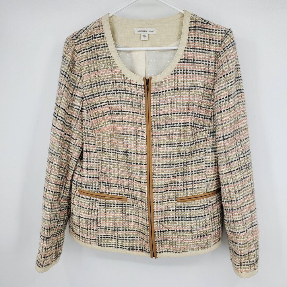 Coldwater Creek Women's Tweed Neutral Tan / Pink Zip Up Topper Jacket Size 10
